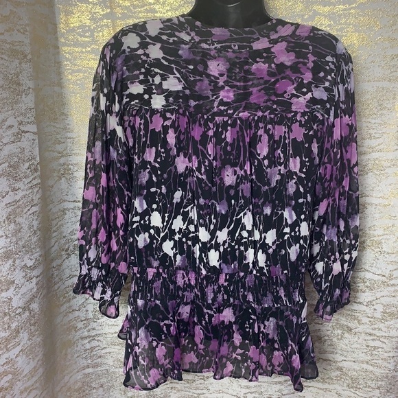 JM collection Petite Black/Purple Floral Print Semi Shear Blouse Size 8P - Picture 8 of 14